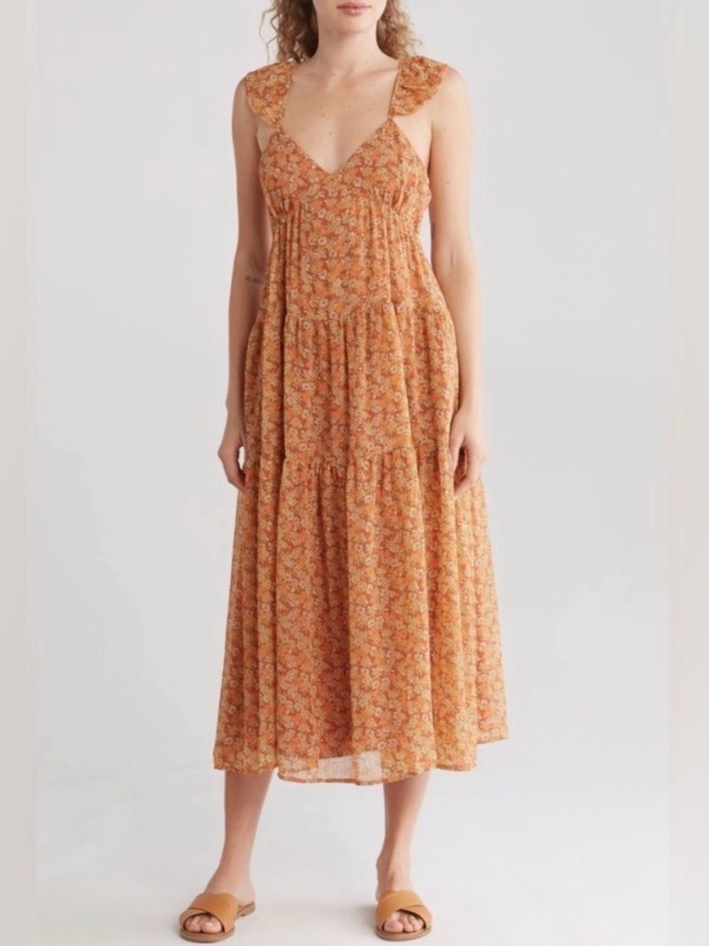 NWT Madewell Resourced Floral Georgette Ruffle Sleeve Tiered Flowy Midi Dress 4
